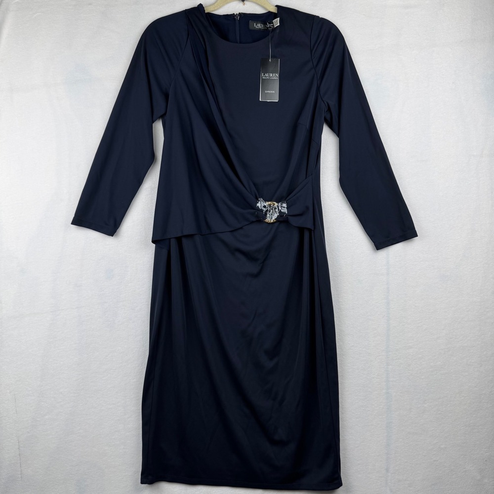 Lauren Ralph‎ Lauren Navy Blue Sheath Dress Long Sleeve Jeweled Size 10 NWT